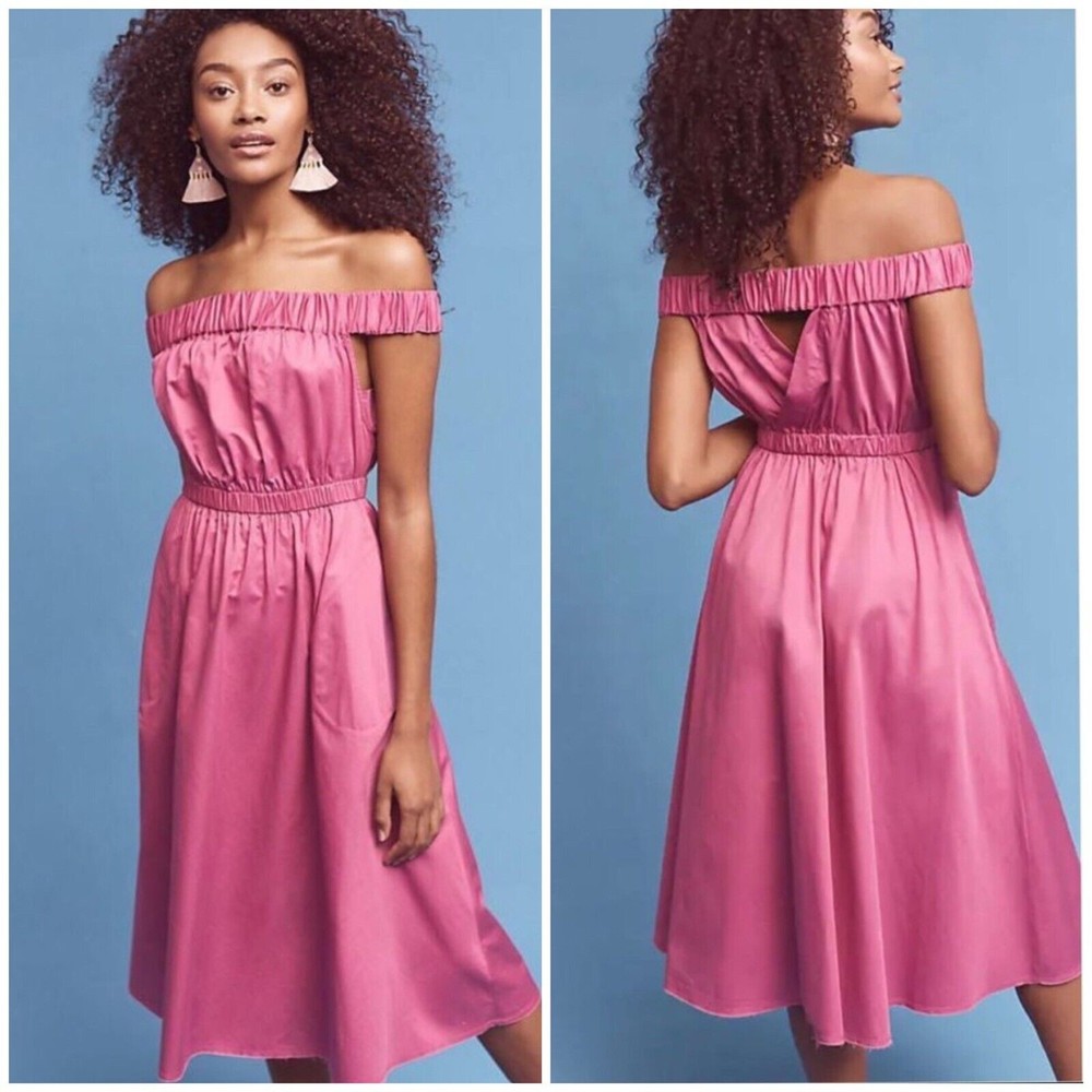 Anthropologie Maeve Mono Off Shoulder Midi Dress Pockets Sundress Cotton Small